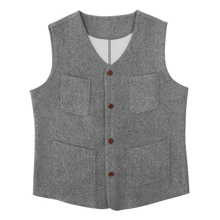 Men's wool blend vest with V-neck, patch pockets, and mesh lining StylebySassy
