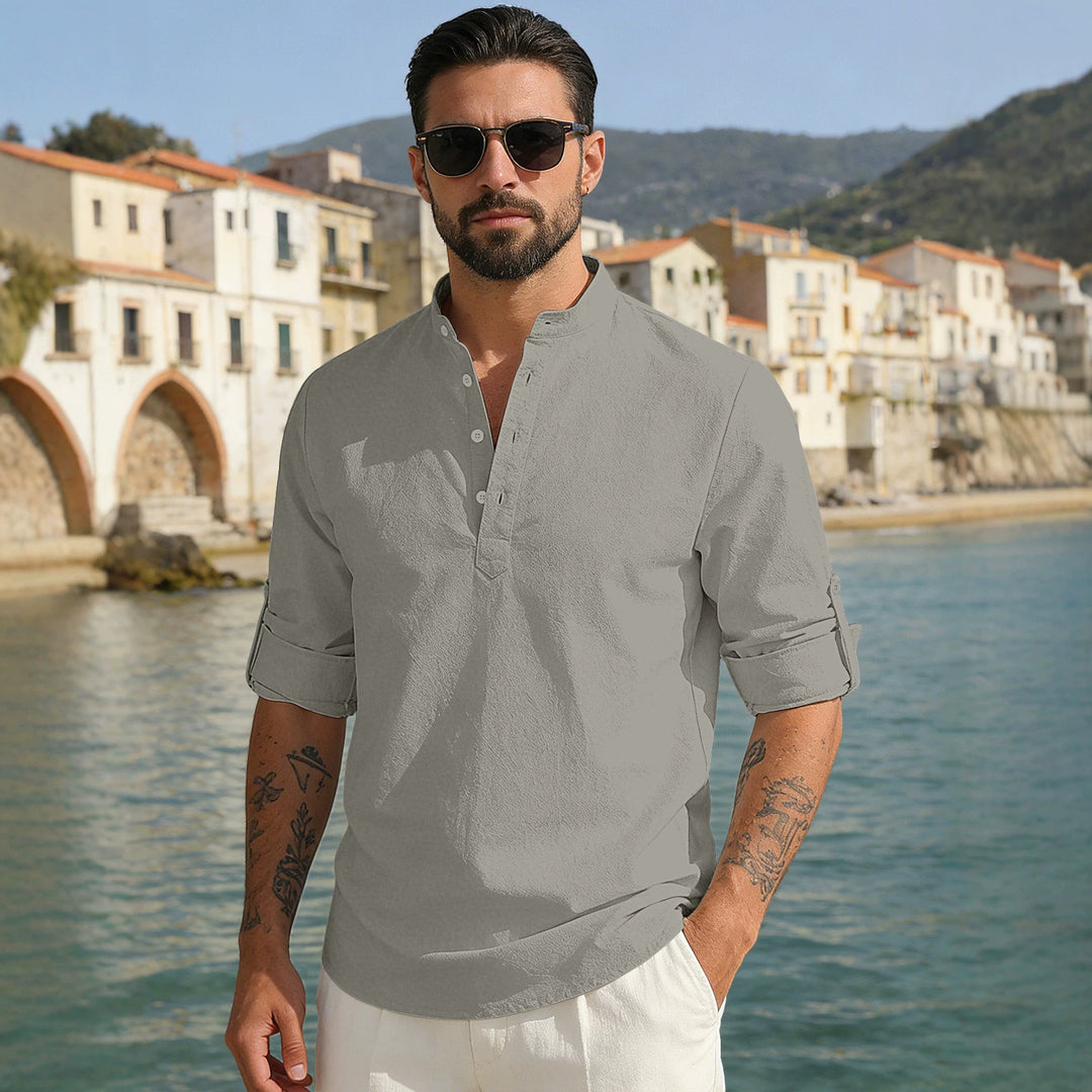 Men's lightweight half-button shirt made of linen blend with stand-up collar and roll-up sleeves StylebySassy