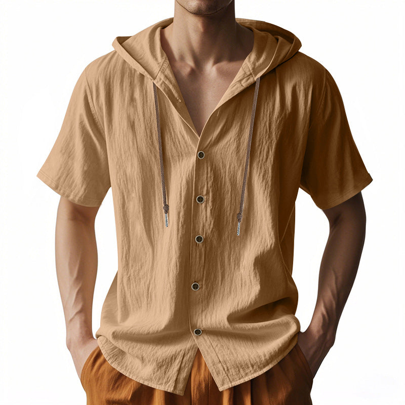 Men's lightweight short-sleeve hooded shirt with button placket and breathable cotton blend StylebySassy