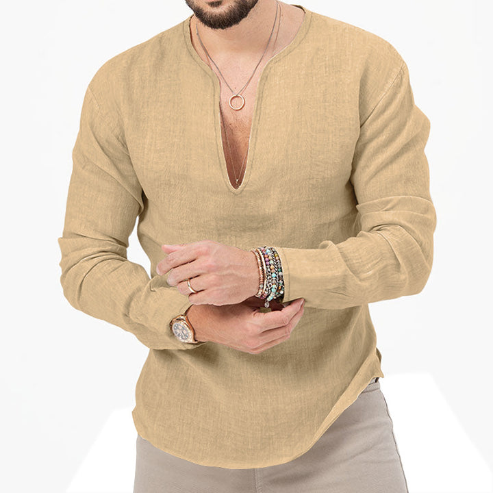 Men's relaxed linen tunic shirt with open slit collar and rounded hem StylebySassy