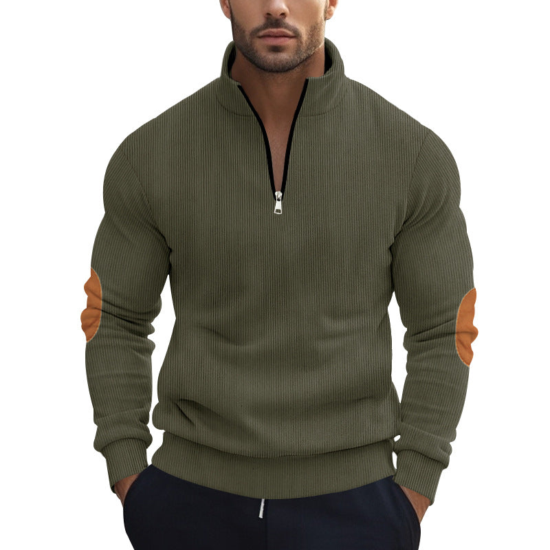 Men's structured cotton knit pullover with half zipper and elbow patches StylebySassy