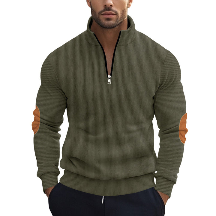 Men's structured cotton knit pullover with half zipper and elbow patches StylebySassy