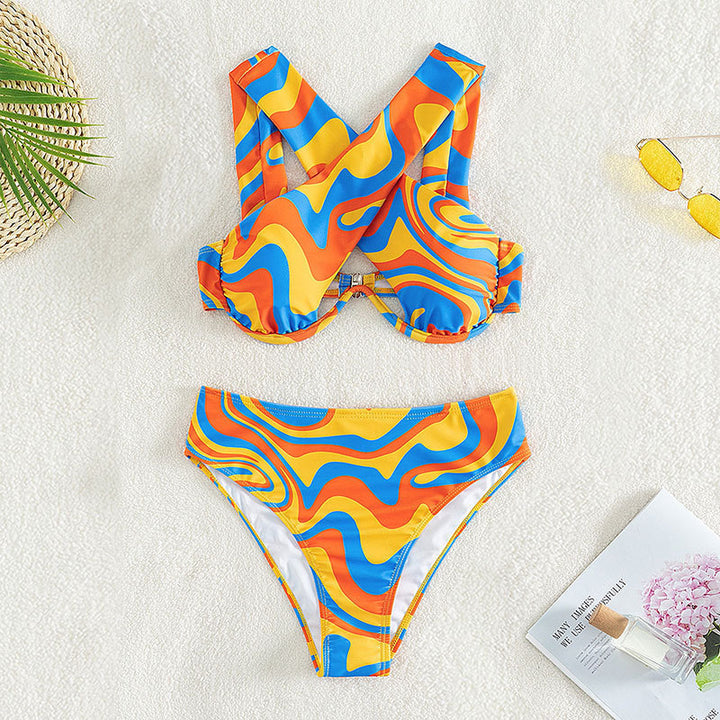 Women's bikini set with innovative racerback design and colorful pattern StylebySassy