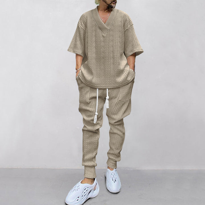 Men's casual knit set with V-neck and drawstring jogger pants StylebySassy