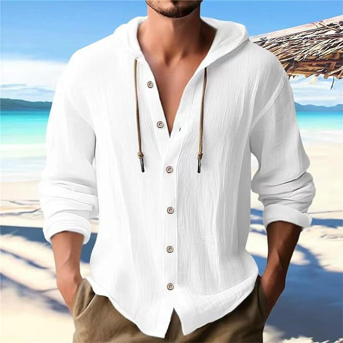 Men's casual hooded shirt with full button placket, drawstring, and lightweight linen look StylebySassy