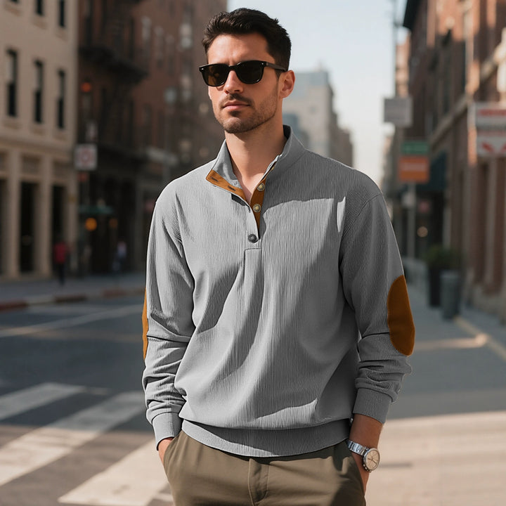 Men's casual structured sweater with polo collar, short button placket and vegan leather trims StylebySassy