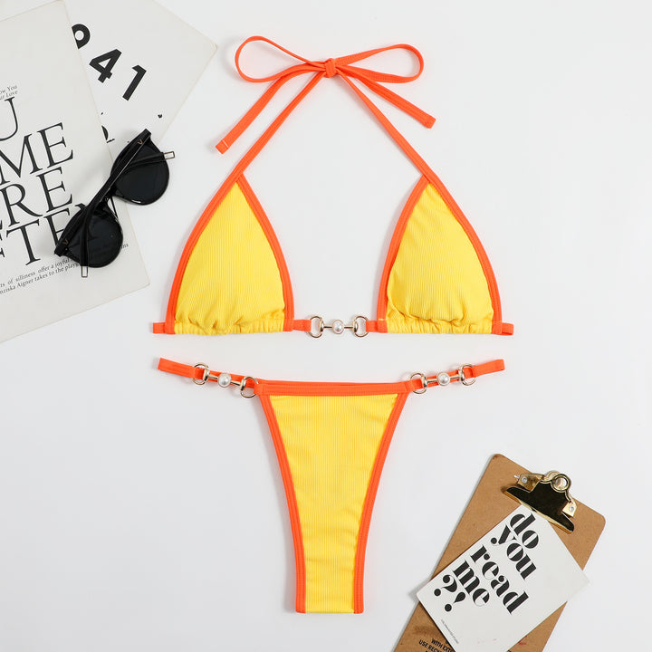 Women's triangle bikini with fashionable ribbed design and decorative elements StylebySassy