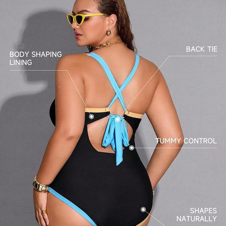 Ladies one-piece swimsuit with fashionable V-neckline and colorful straps StylebySassy