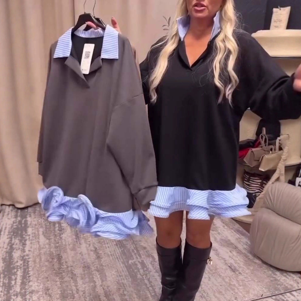 Women's loosely fitted sweater dress with striped shirt ruffle, stand collar, and long cuff sleeves StylebySassy