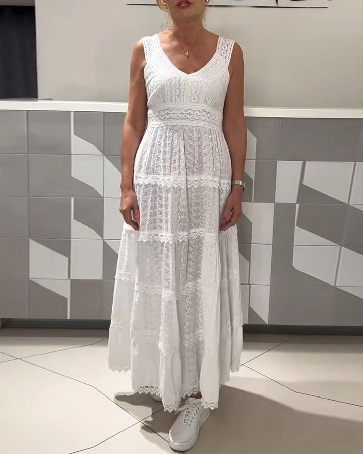 Women’s sleeveless Boho lace layered maxi dress with V-neck and empire waist StylebySassy