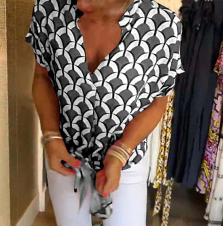 Women’s short-sleeved geometric blouse shirt with knot waistband and stand-up collar StylebySassy