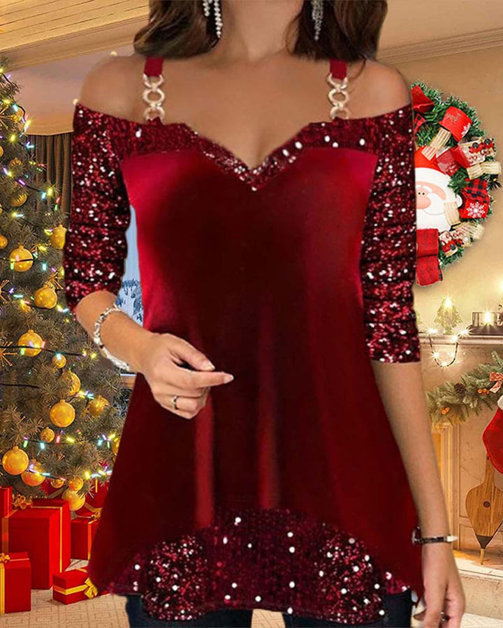 Ladies off-shoulder tunic top with V-neck, decorative chain straps and sequin sleeves StylebySassy