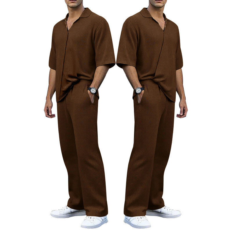 Men's finely structured two-piece set with open polo collar short sleeve shirt and straight comfort waistband pants StylebySassy