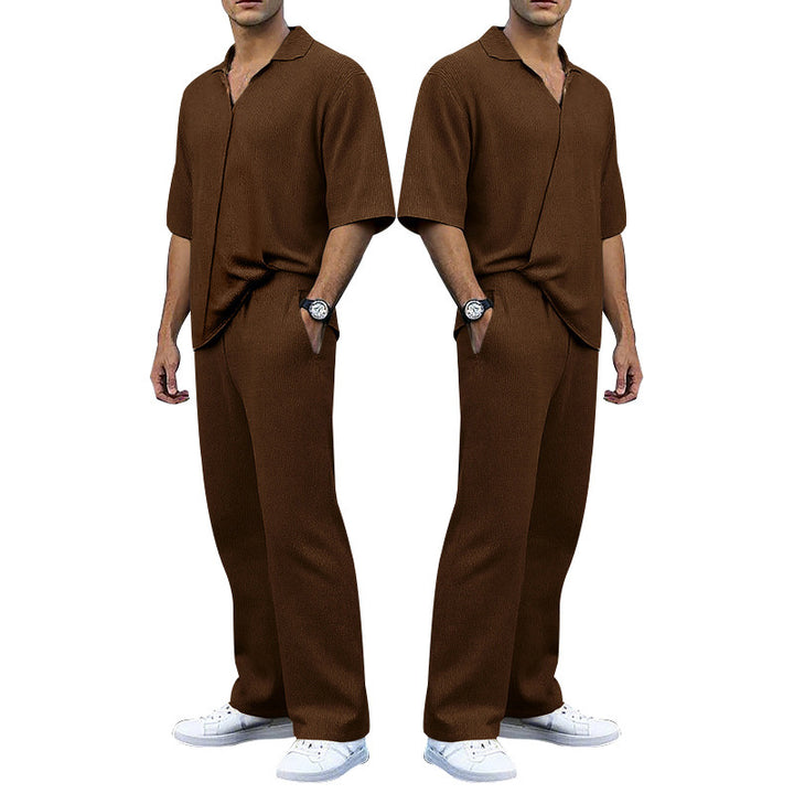 Men's finely structured two-piece set with open polo collar short sleeve shirt and straight comfort waistband pants StylebySassy