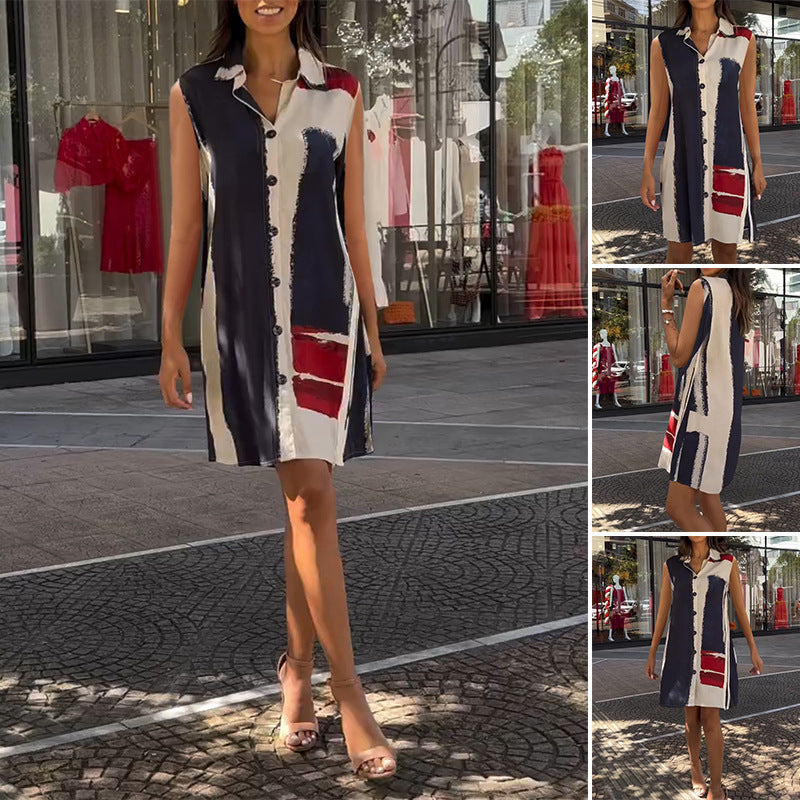 Women's sleeveless shirt tunic dress with collar, full button placket and graphic block print StylebySassy