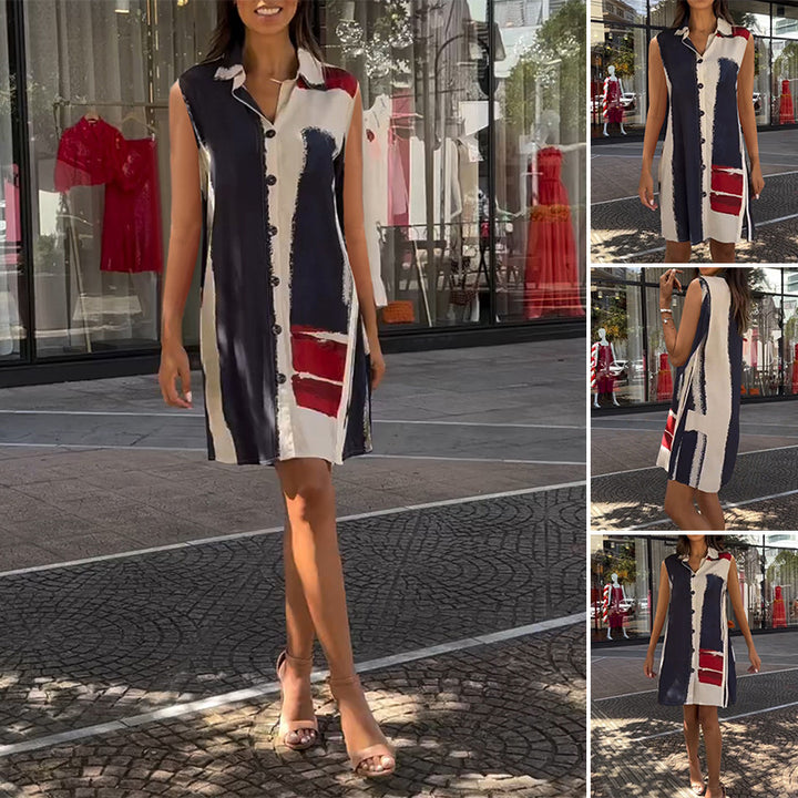 Women's sleeveless shirt tunic dress with collar, full button placket and graphic block print StylebySassy