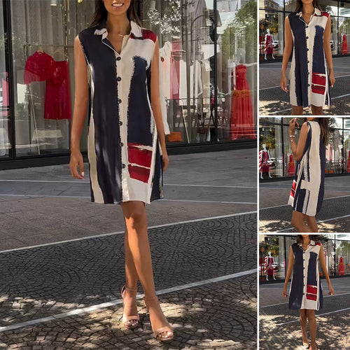 Women's sleeveless shirt tunic dress with collar, full button placket and graphic block print StylebySassy