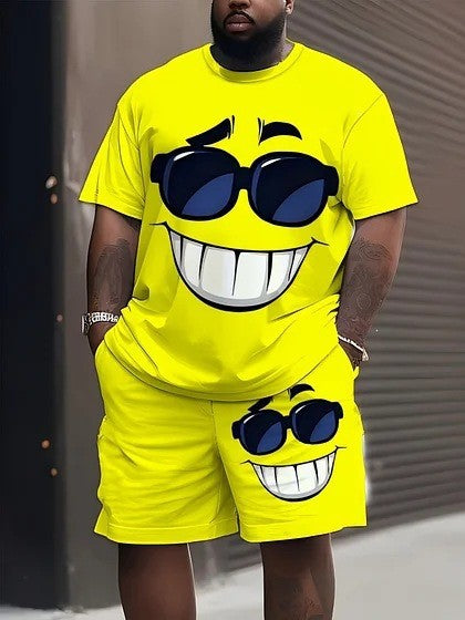 Men's casual leisure two-piece set with large smiley sunglasses print StylebySassy