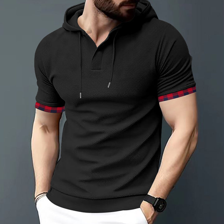 Men's fitted short sleeve hooded polo shirt with Henley placket and drawstring StylebySassy