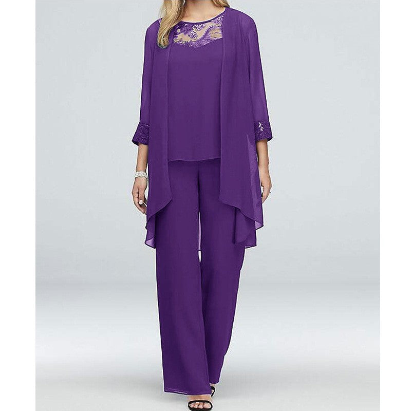 Women's flowing chiffon evening ensemble with lace trim, kimono cardigan and wide palazzo pants StylebySassy
