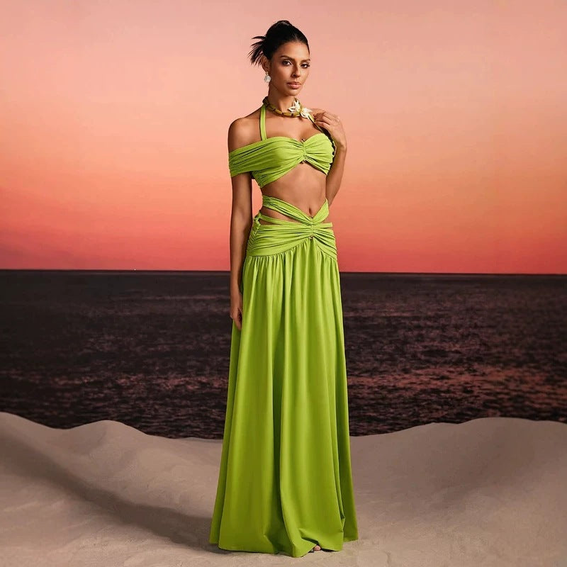 Women's maxi dress with sophisticated cut-out and decorative draping