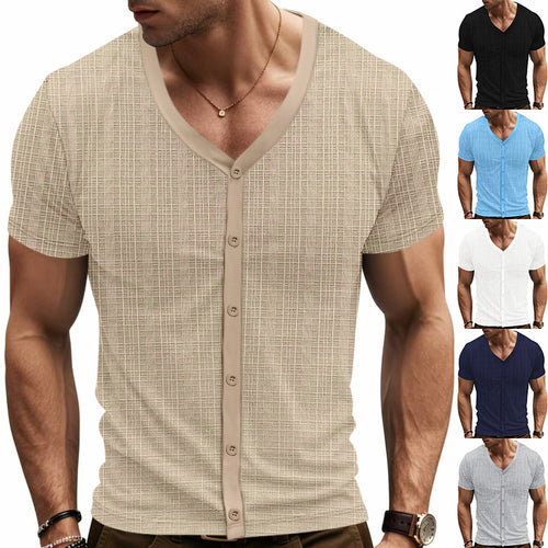 Men's short-sleeve fine knit cardigan with V-neck and continuous button placket StylebySassy