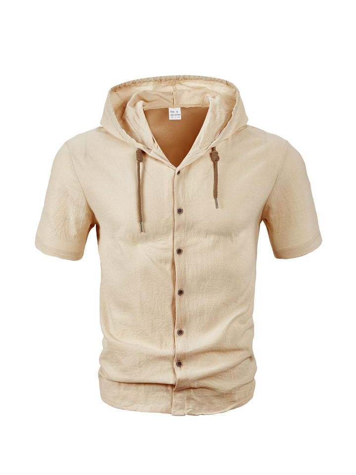 Men's short-sleeve hooded shirt with natural fiber texture, button-up front, and drawstring StylebySassy