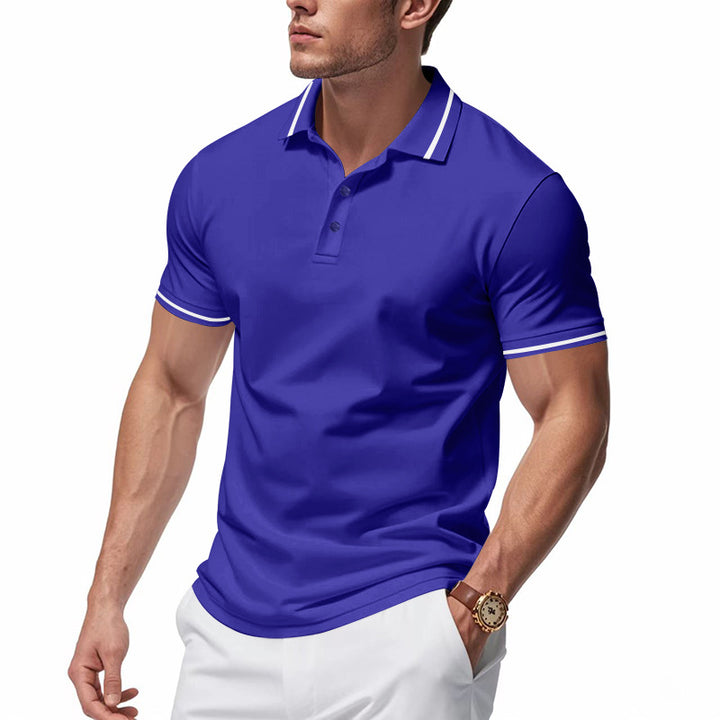 Men's breathable interlock polo shirt with contrast tipping, short button placket and slim silhouette StylebySassy