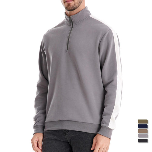 Men's stand-up collar sweater with short zipper and contrast side stripes StylebySassy