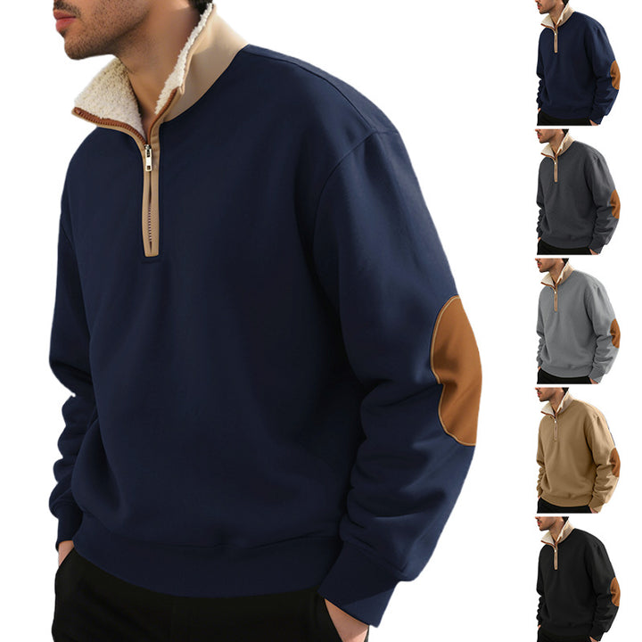 Men's nano lightweight half-zip sweatshirt with sherpa lined stand-up collar and faux leather elbow patch StylebySassy