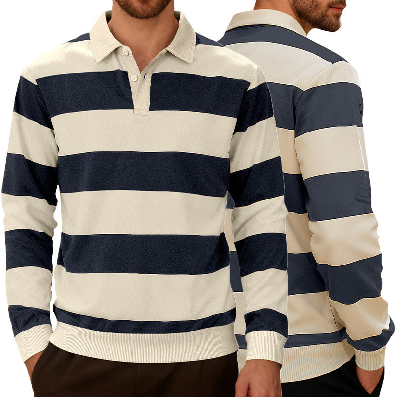 Men's striped rugby polo with a Kent collar, two-button placket, and ribbed hem StylebySassy