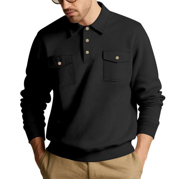 Men's polo collar sweatshirt with patch chest pockets and ribbed cuffs StylebySassy