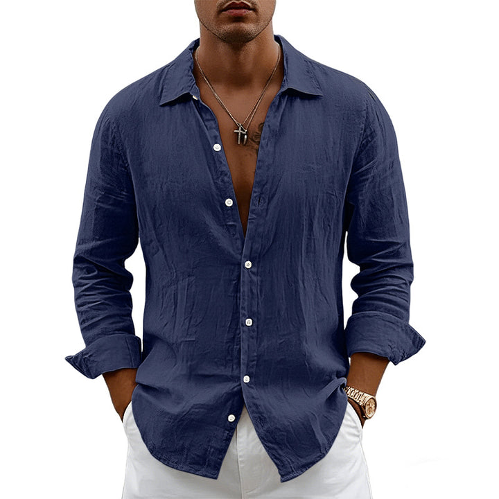 Men's airy relaxed linen shirt with open lapel, rounded hem, and roll-up sleeves StylebySassy