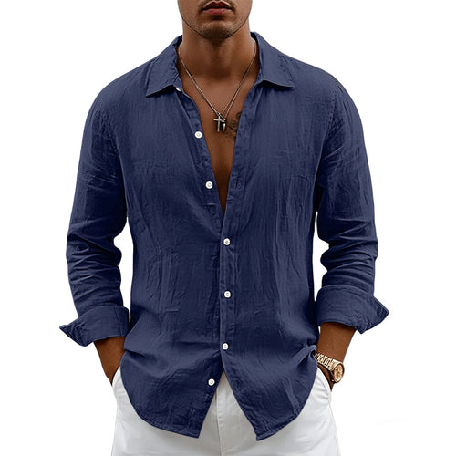 Men's airy relaxed linen shirt with open lapel, rounded hem, and roll-up sleeves StylebySassy