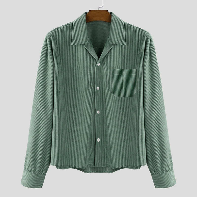 Men's ribbed long sleeve shirt with lapel collar, chest pocket, and relaxed fit StylebySassy