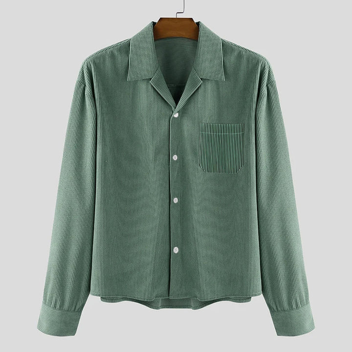 Men's ribbed long sleeve shirt with lapel collar, chest pocket, and relaxed fit StylebySassy