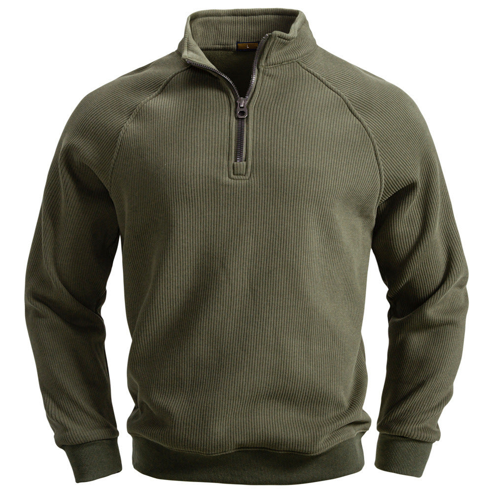 Men's fine ribbed half-zip pullover with stand-up collar, raglan sleeves, and elastic cuffs StylebySassy