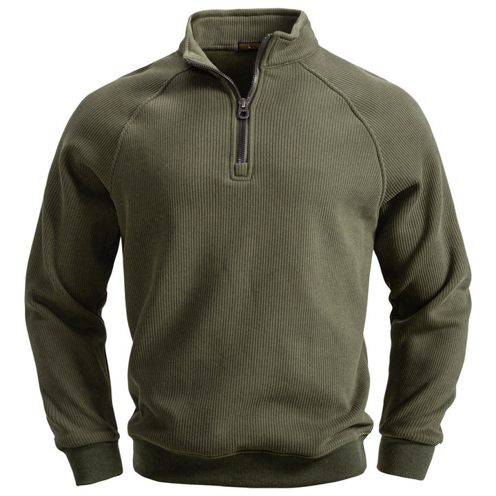 Men's fine ribbed half-zip pullover with stand-up collar, raglan sleeves, and elastic cuffs StylebySassy