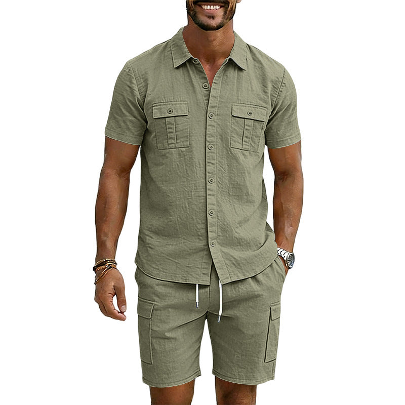 Men's summer short-sleeve shirt and cargo bermuda set made of linen blend with chest pockets and drawstring waistband StylebySassy
