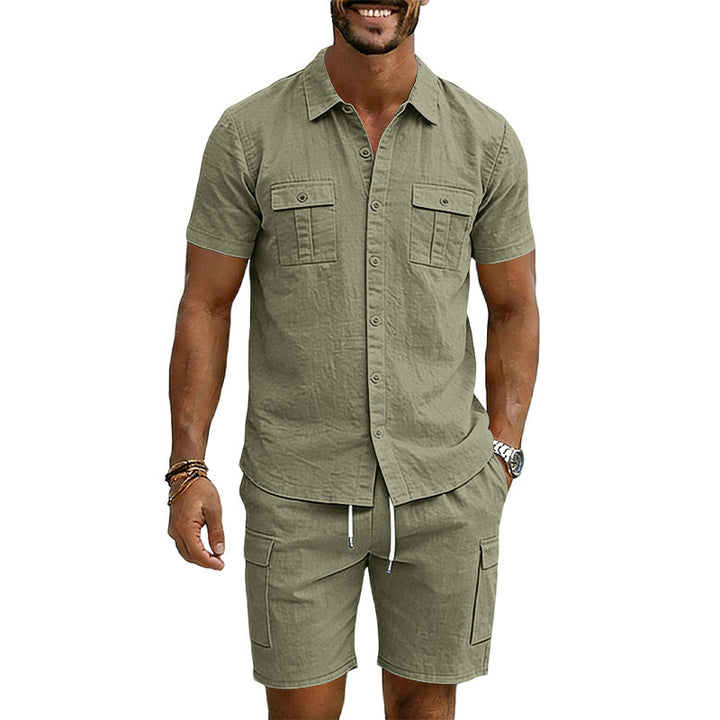 Men's summer short-sleeve shirt and cargo bermuda set made of linen blend with chest pockets and drawstring waistband StylebySassy