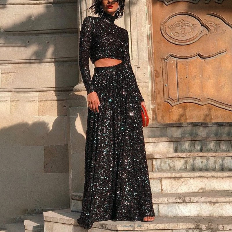 Women two-piece sequin evening set with high-neck crop top and flowing maxi skirt StylebySassy