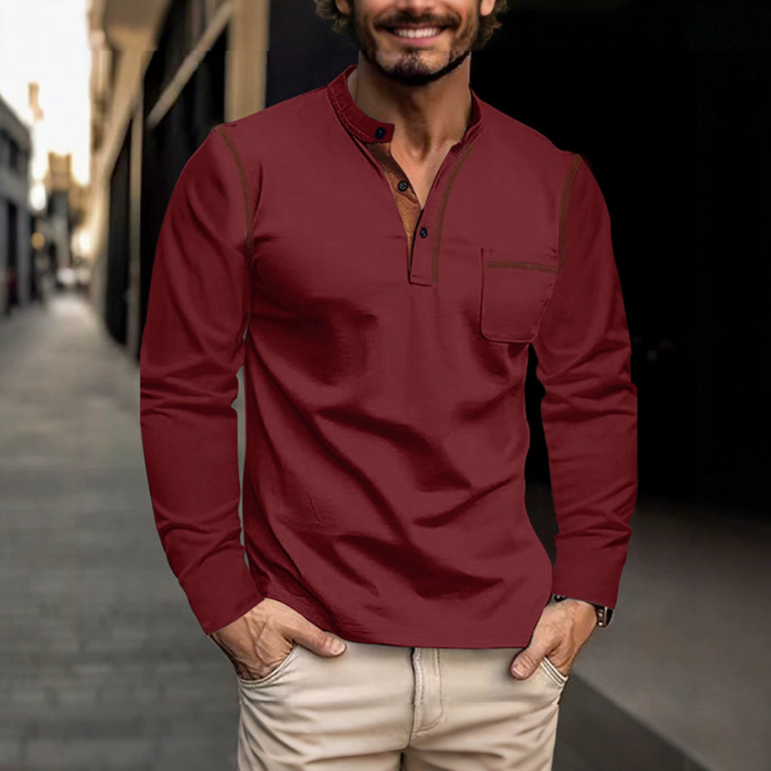 Men's nan legeres long sleeve henley shirt with stand-up collar, button placket, and chest pocket StylebySassy