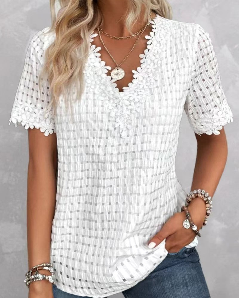 Women's lightweight structured shirt with check mesh, decorative lace trim at the V-neck and short sleeve hems StylebySassy
