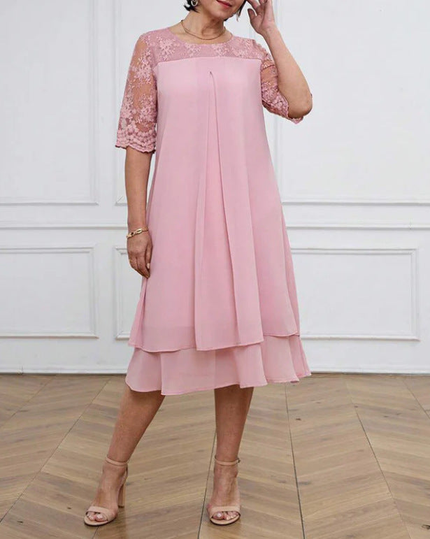 Women's A-line chiffon dress with floral embroidered lace yoke, hidden centre seam pleat, and layered ruffle StylebySassy