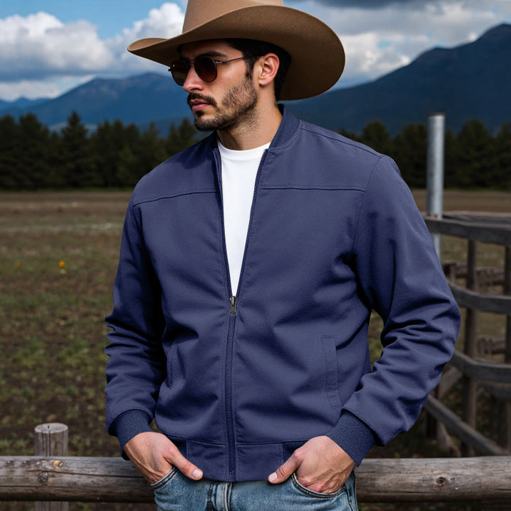 Men's faux suede bomber jacket with stand-up collar, ribbed cuffs, and side pockets StylebySassy