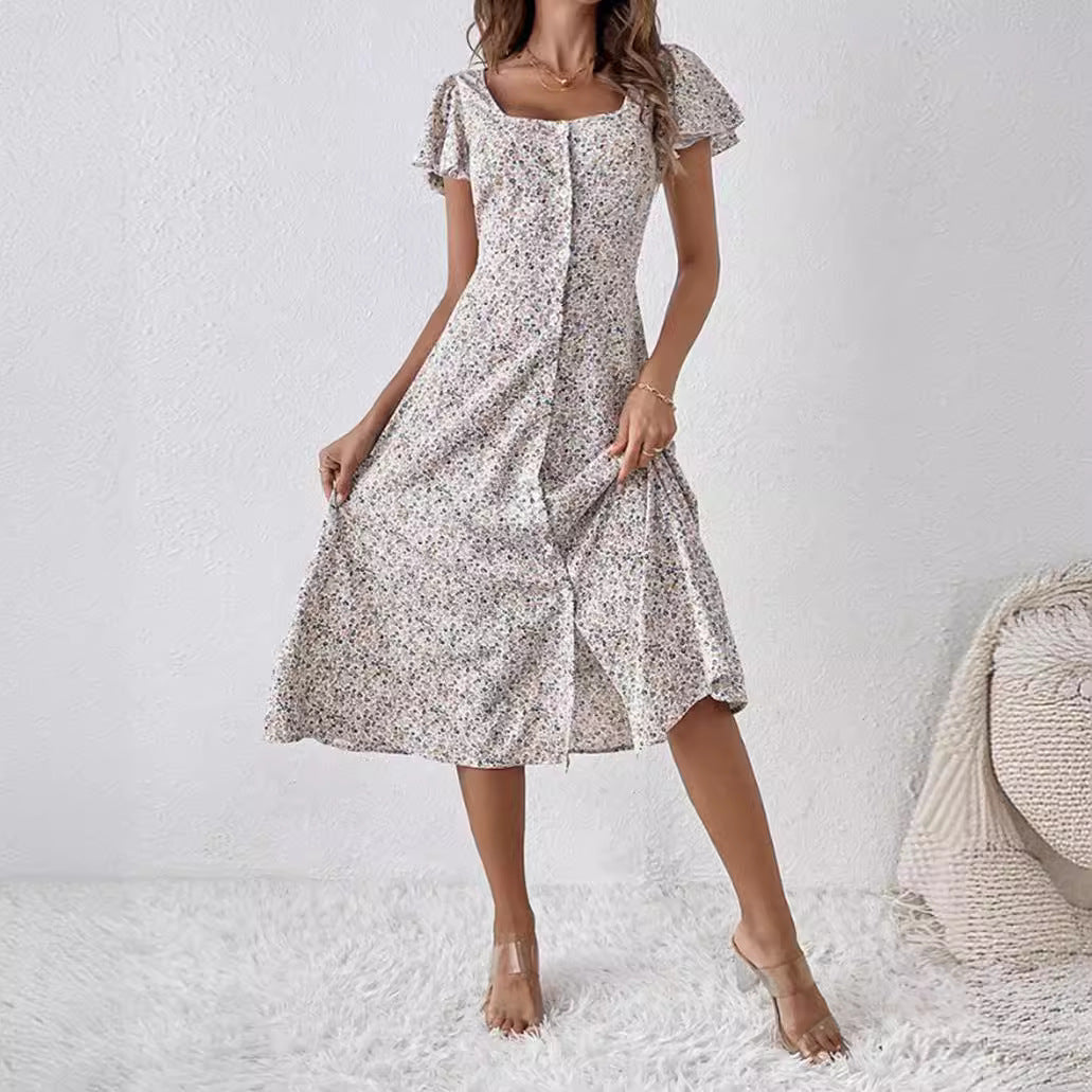 Women's fitted midi dress with square neckline, concealed button placket, and flowing A-line skirt StylebySassy
