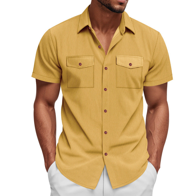 Men's casual short-sleeve shirt with lapel collar, patch flap pockets and fine pinstripe texture StylebySassy