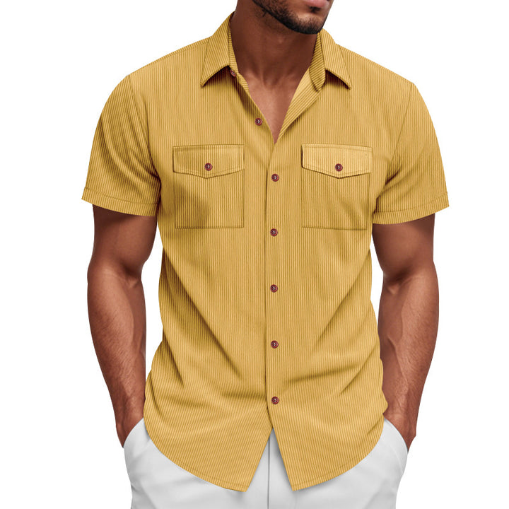 Men's casual short-sleeve shirt with lapel collar, patch flap pockets and fine pinstripe texture StylebySassy
