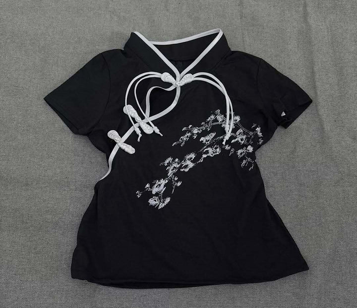 Women Modern Chinese Short Sleeve T-Shirt with Creative Knot Design StylebySassy