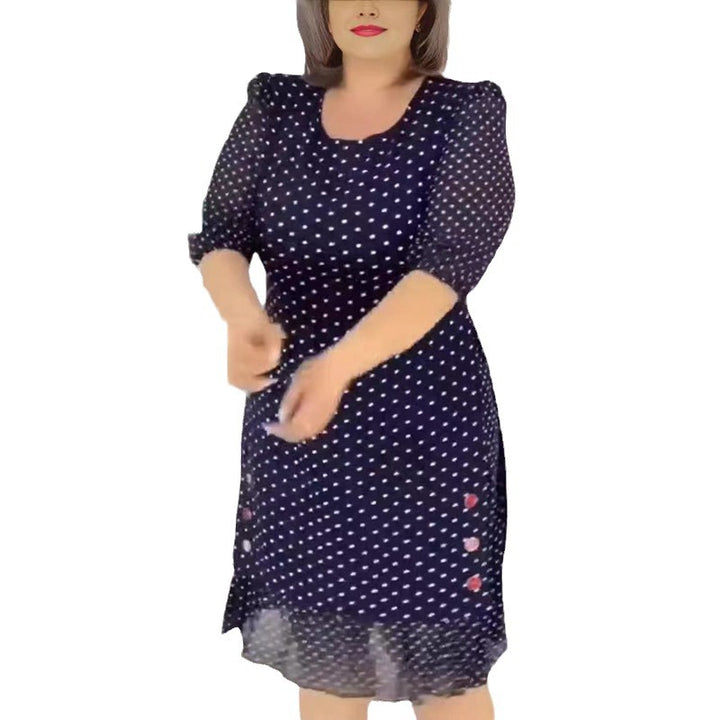 Women's Chiffon Midi Dress with Polka Dot Pattern, Feminine A-Line and Delicate Floral Embroidery StylebySassy
